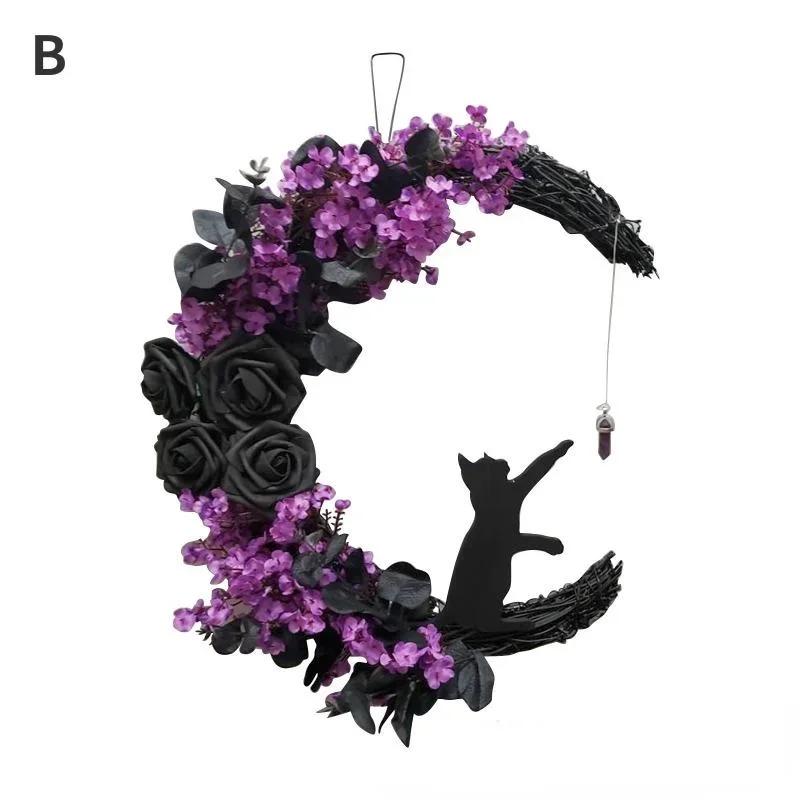 1 Pcs Halloween Moon Cat Garland With Rose Black Decorations Halloweens Garland Wreath For Front Door Door Decor