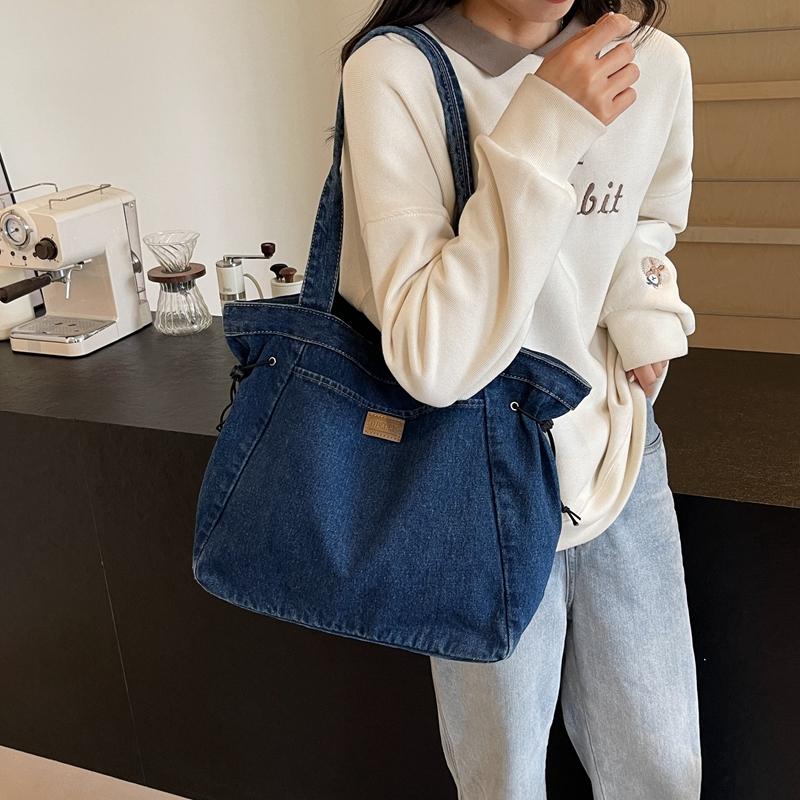 Washed Retro Denim Bag for Women  Versatile  Large Capacity  Shoulder Bag with Cord  Lazy New Bag