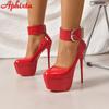 Aphixta 16.5cm Thin Heel 4cm Belt Buckle Pimp Platform Pumps Round Toe High Heel Women Summer Spring Shoes Big Size 49 50