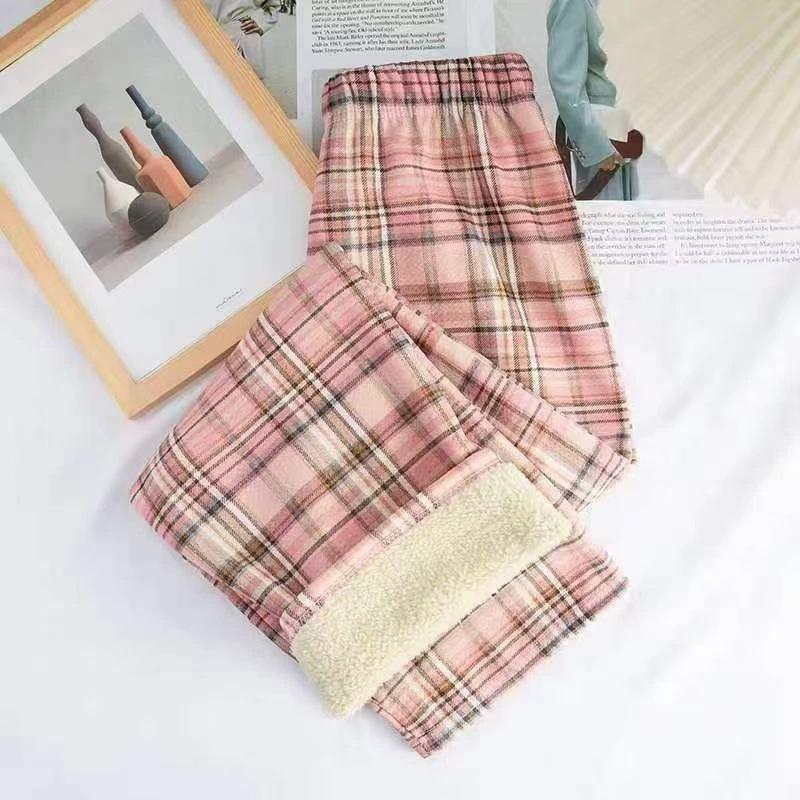 Women's Lambswool Plaid Fleece-Lined High-Waisted Loose Straight-Leg Wide-Leg Pants for Autumn/Winter 2025