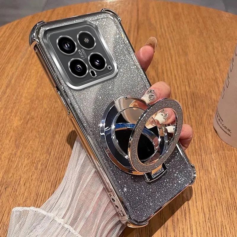 Glitter Shockproof Silicone Case For Xiaomi Mi 15 14 14T 13 12 Pro 12X 12S Mirror Magnetic Holder Stand Soft Cover