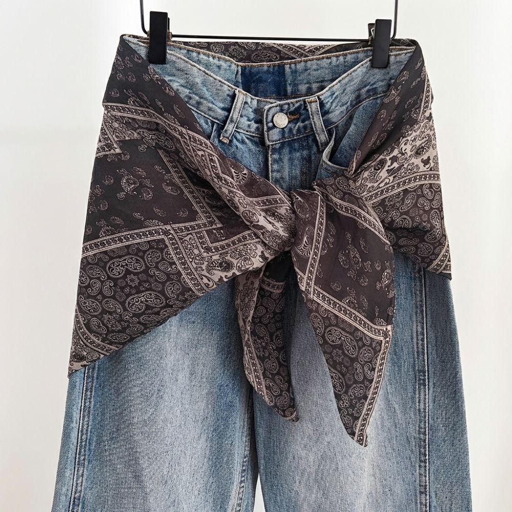 Imitation Silk Women's Silk Scarf Cashew Floral Ruched Skirts Triangle Scarf Belt  Jeans Decoration