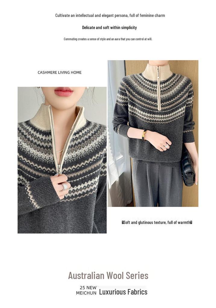 Women's Retro Fair Isle Stand Collar Wool Sweater - Loose Fit, 100% Wool, Plus Size Knitwear Outerwear