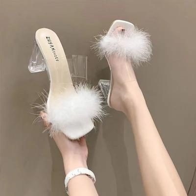 Mules Sandal Women Summer Outdoor Fashion Slippers Square Toe High Heels Office Ladies Feather Slides Chic Classics Furry Shoes