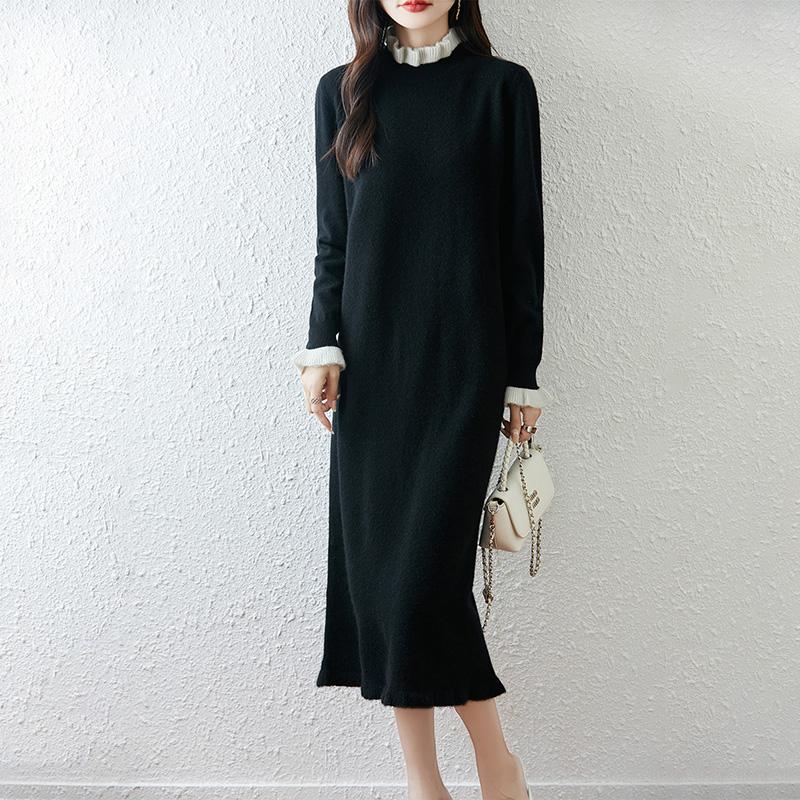 Women Sweater Dress 100% Wool TIDENOVEL Turtleneck Knit Long Pullover Winter Jumpers Wool Long Dress Female