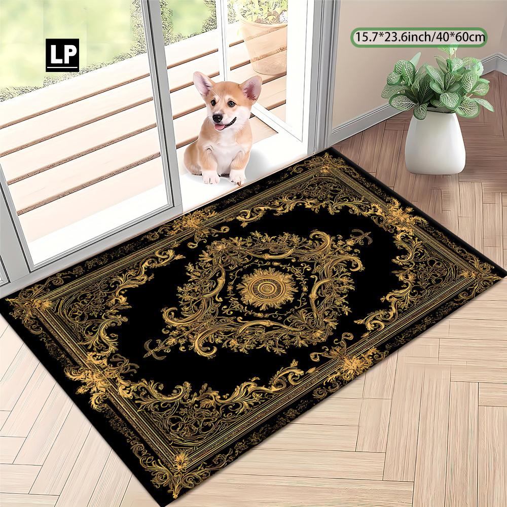 Luxury Black Gold Baroque Print Carpet Plush Flannel Rug Living Room Bedroom Home Decor Area Rug Non Slip Floor Mat