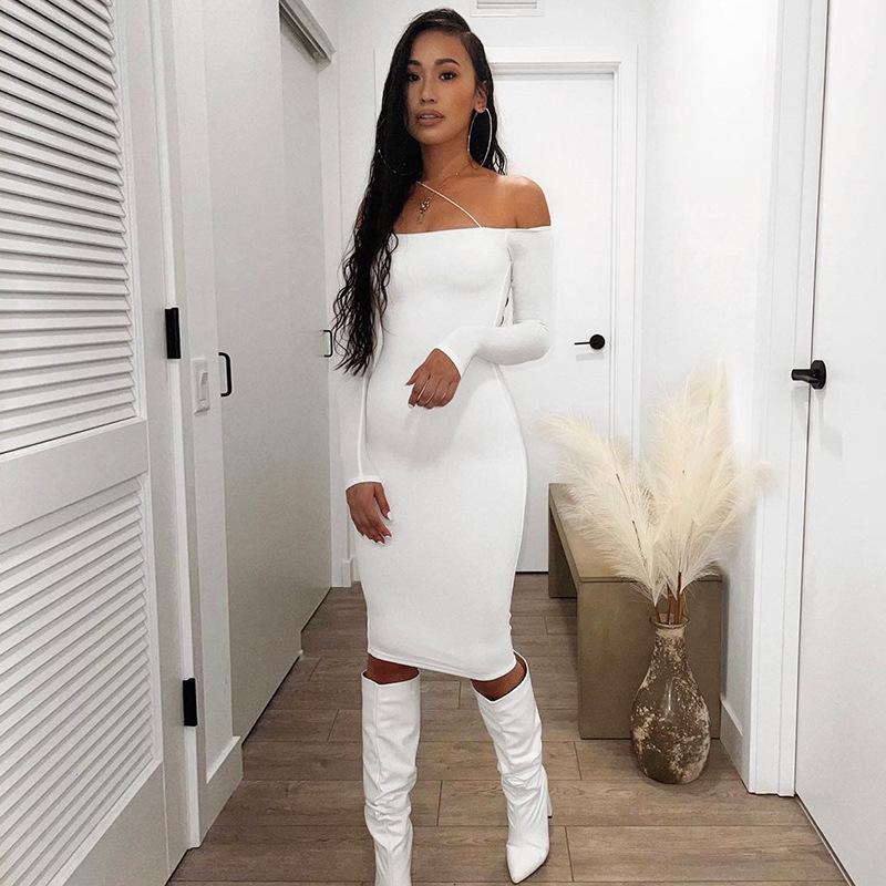 Women's Fashion: 2021 Autumn One-Shoulder Off-the-Shoulder Slim Fit Long-Sleeve Hip-Hugging Dress