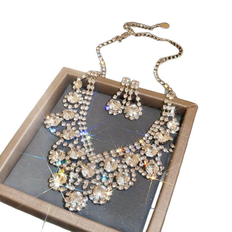 Elegant Rhinestone Geometric Tassel Necklace & Earring Set for Women