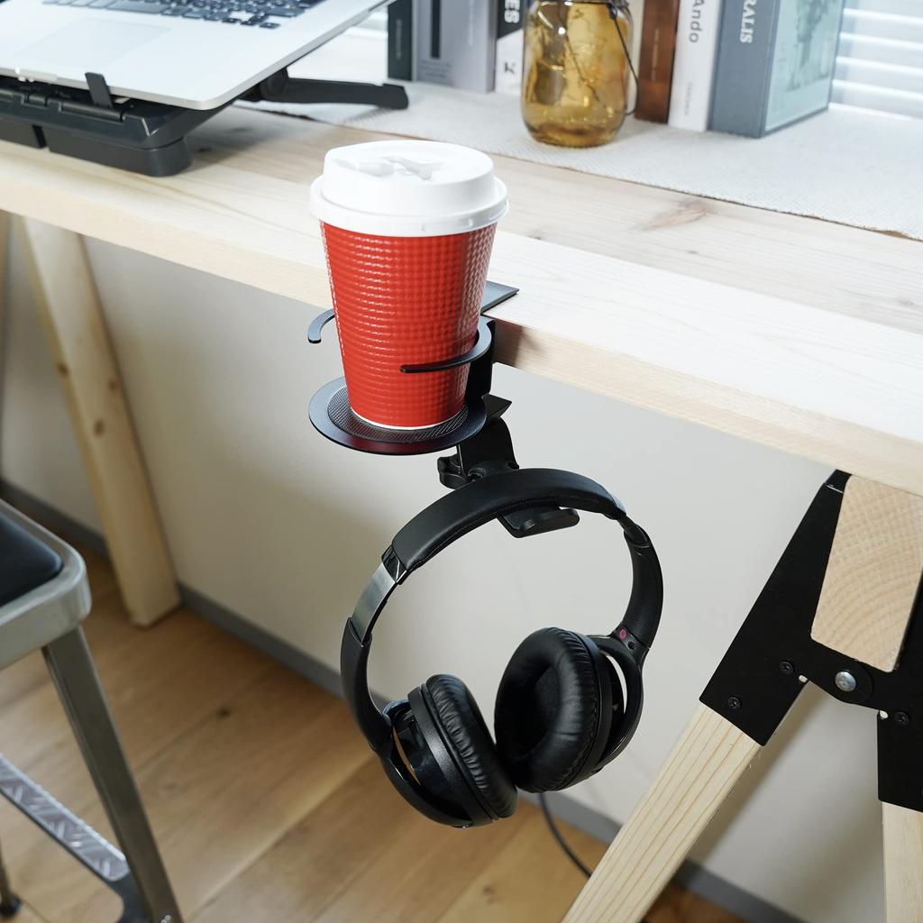 Newseed seena Aluminum Rotating Multifunctional Headphone Hanger with Drink Black 360° Holder, SE-E02A3601-BK