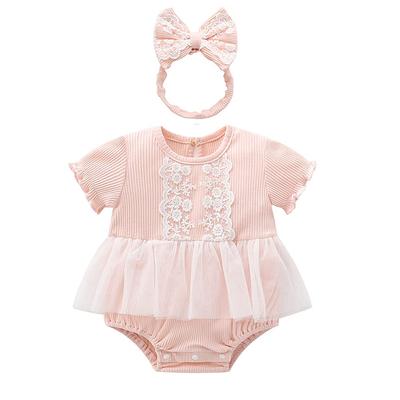 Baby Clothes Bodysuit Short Sleeve One Piece Girls Summer Tulle Skirt Coverall Hair Ornament Baby Birth Preparation Gift Ruffle Plain Embroidery Pink