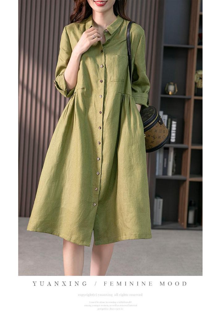 2025 Spring/Autumn Artistic Casual Loose Plus Size Women's Linen Slimming Shirt Dress