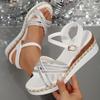 Fashion Fashion Crystal Wedge Heeled Sandals Women Summer Cross Straps White Sandles Woman Ankle Buckle Gladiator Sandalias Plus Size 43