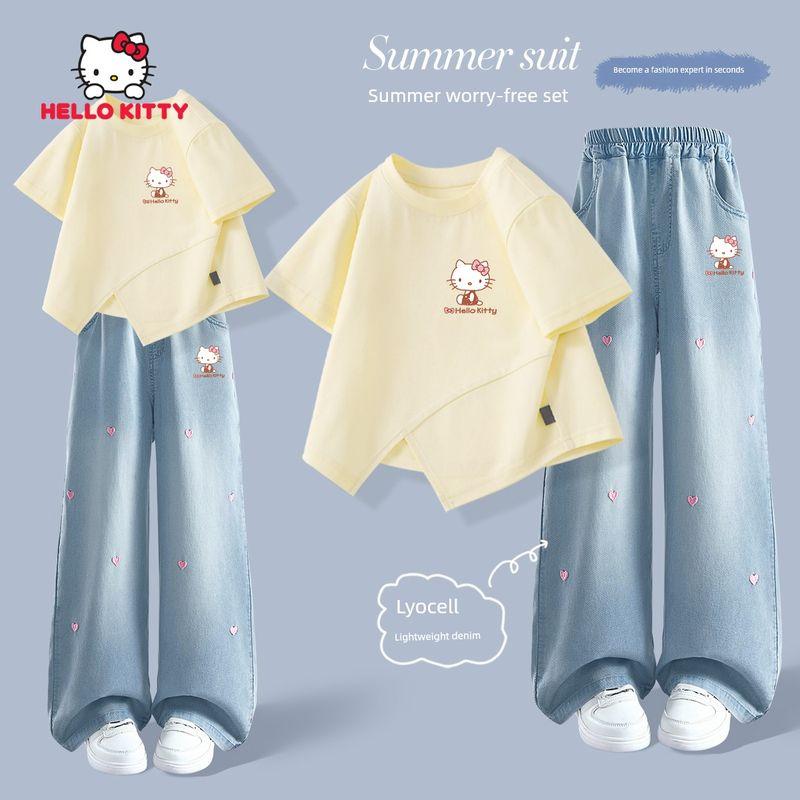 Hello Kitty Girls' Short-Sleeved Suit Summer 2025 New Style Fashionable Kidsren's Summer Clothes for Girls and Older Kidsren Jeans
