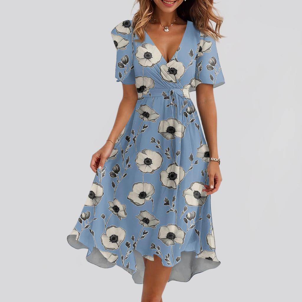 Robe Imprimée Décontractée Ample à Col en V et Manches Courtes avec Jupe Évasée pour Femme