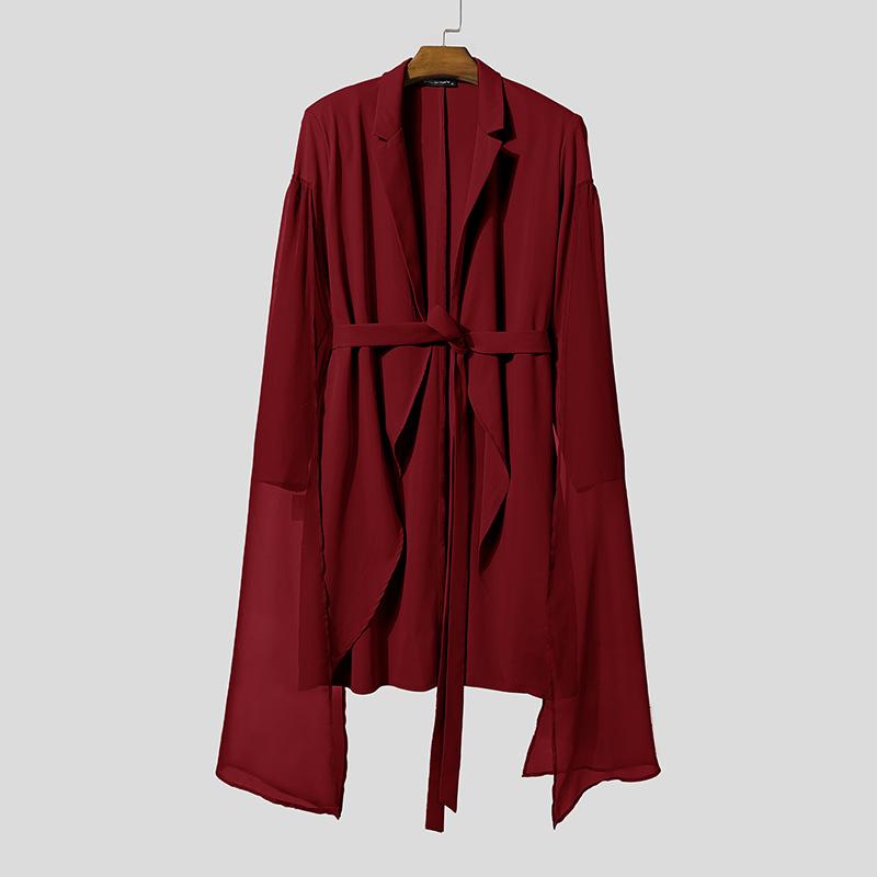 

INCERUN Мужские длинные пальто с длинным рукавом, поясом, сетчатыми вставками, нерегулярного кроя, повседневные, тонкие 3XL вино красного