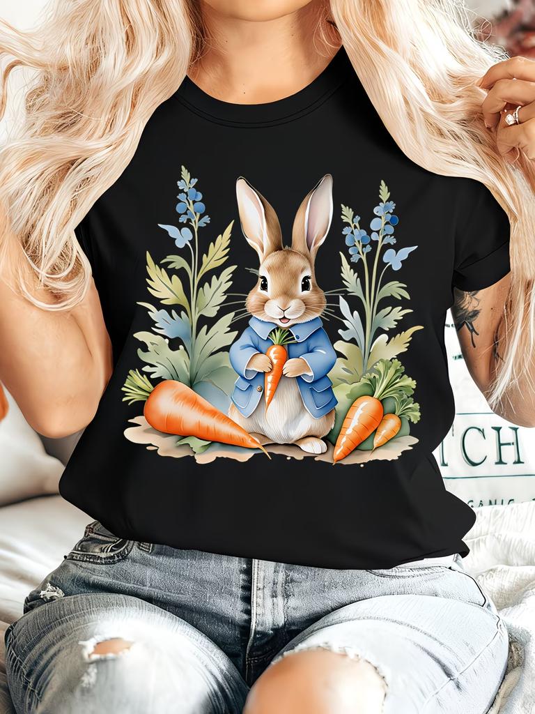 Ostergeschenk Damen Sommerkleidung Peter Rabbit Rundhals Kurzarm T-Shirt Hase hält eine Karotte sitzt zwischen Blumen