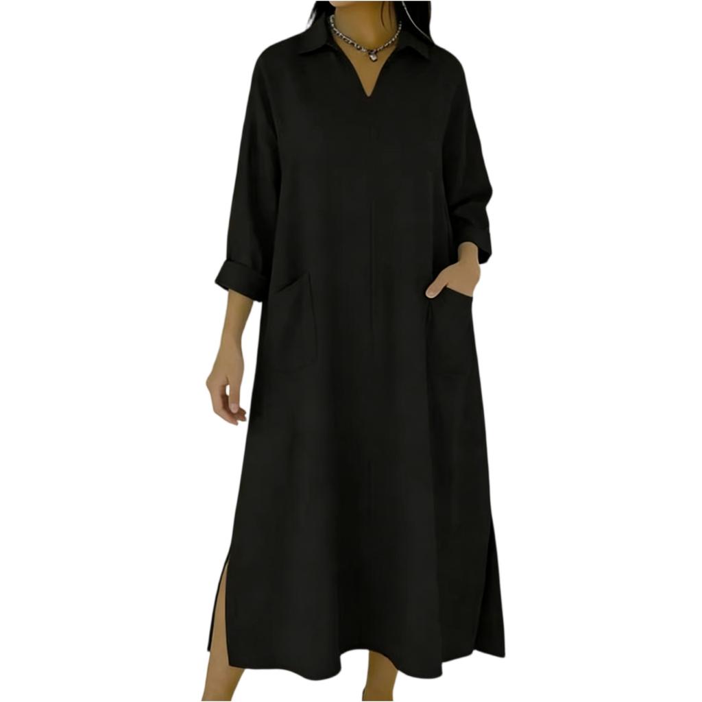 Women's -color Mid-length Loose-fitting Dress With Large Pockets And Casual