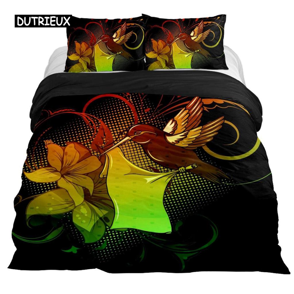 Hummingbirds Bedspread Cover Kit Tropical Flowers Nature Blooms Bed Cover Kit Tropical Birds Theme Queen Dimension Size 2/3 Pcs Comforter Cover