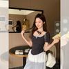 Blue fake two-piece short-sleeved T-shirt women's summer sweet and spicy new waist thin pleated square collar design top