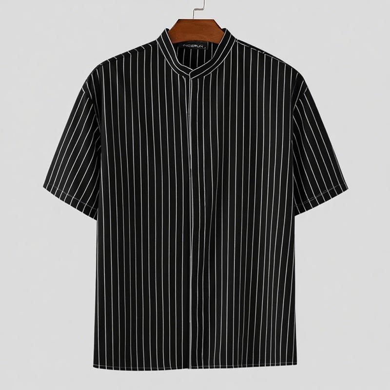 

INCERUN Men Collarless Short Sleeve Striped Print Casual Office Shirts Tops S