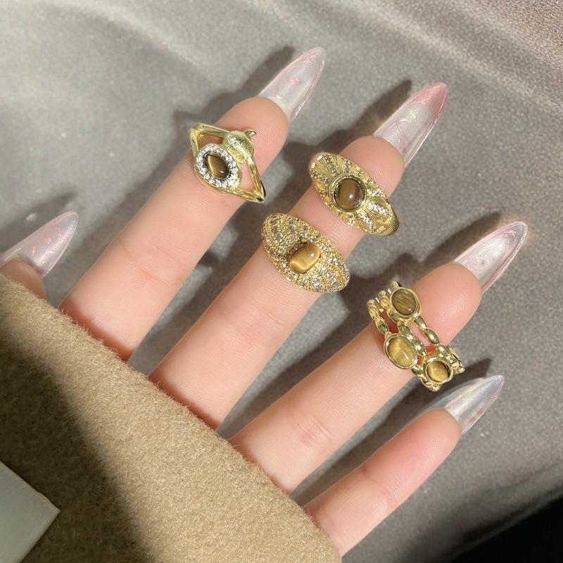 Zirkon Imitation Tigerauge Offener Ring Nischendesign Hoher Sinn für Persönlichkeit Stapelbarer Französischer Retro-Ring