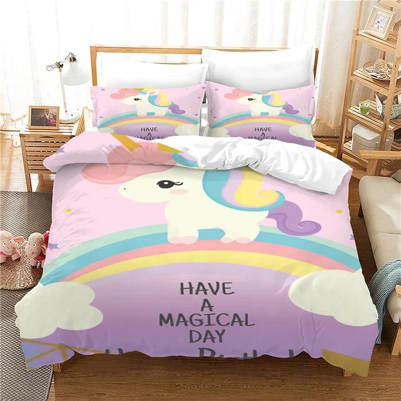 Lovely Unicorn Bedding Set For Kids Winter Duvet Cover Sets Blue Pink Cartoon Boy Girl Bed Linens 2/3 Pcs Ropa De Cama Cartoon