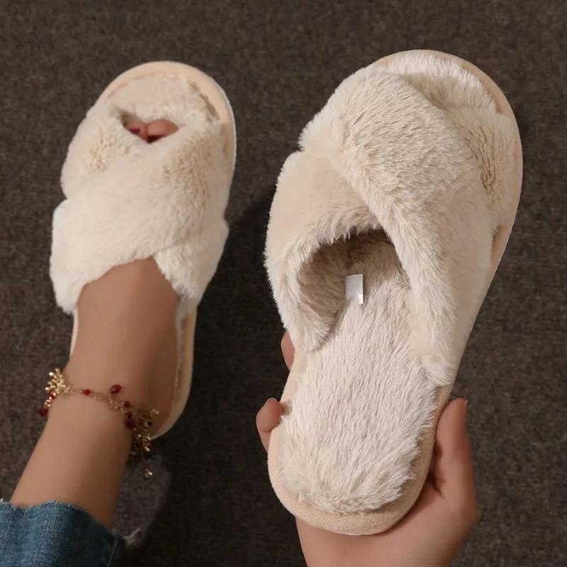 Fashion Simple Cross Strap Plush Slippers Women Lightweight Fluffy Fur Home Slippers Woman Faux Fur Flat Heel Couple Slides Plus Size 43