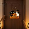 Cute Halloween Front Door Plaque Sign with Hemp Rope Lanyard, Pumpkin Ghost Printed Hanging Weatherproof Wall Ornament Plaque, Wooden Art for