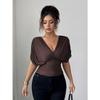 Women Solid Deep V Neck Short Sleeve Cinched Waist Sexy Casual Fitted Top