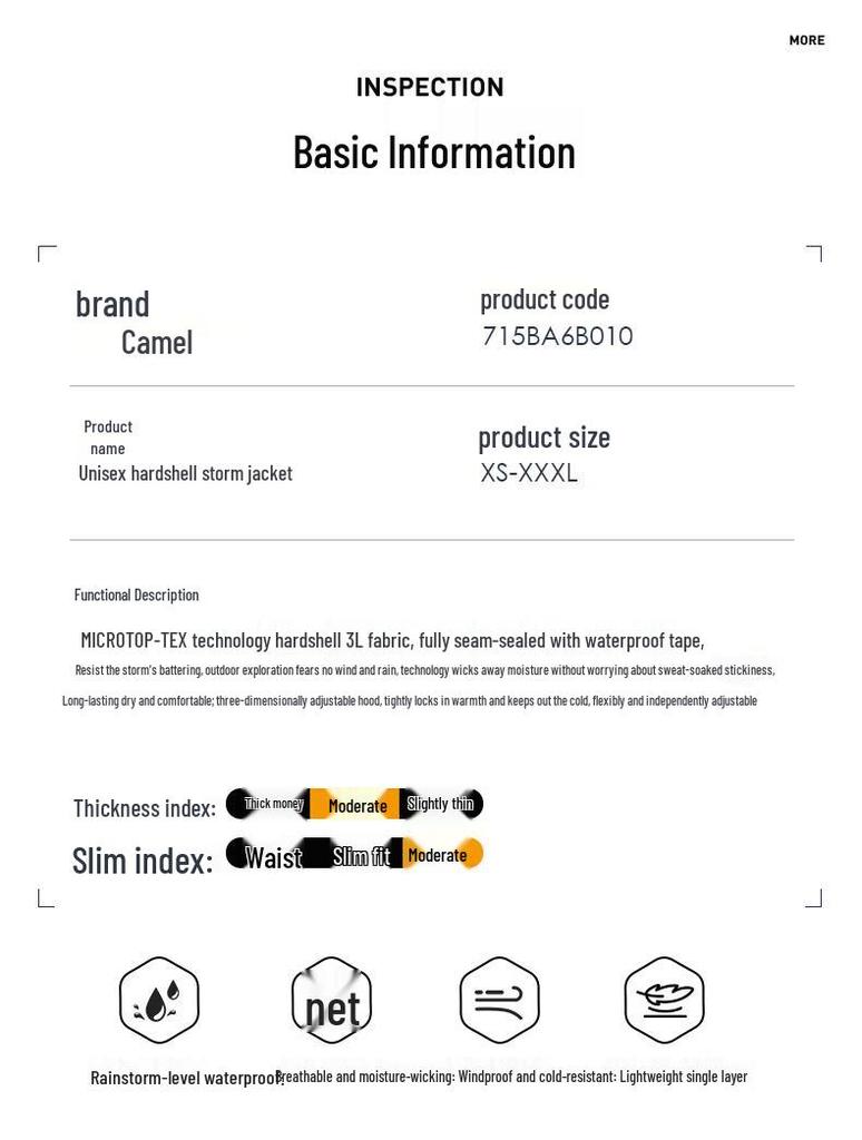 Camel Unisex Hard Shell Single-Layer Outdoor Jacket 715BA6B010