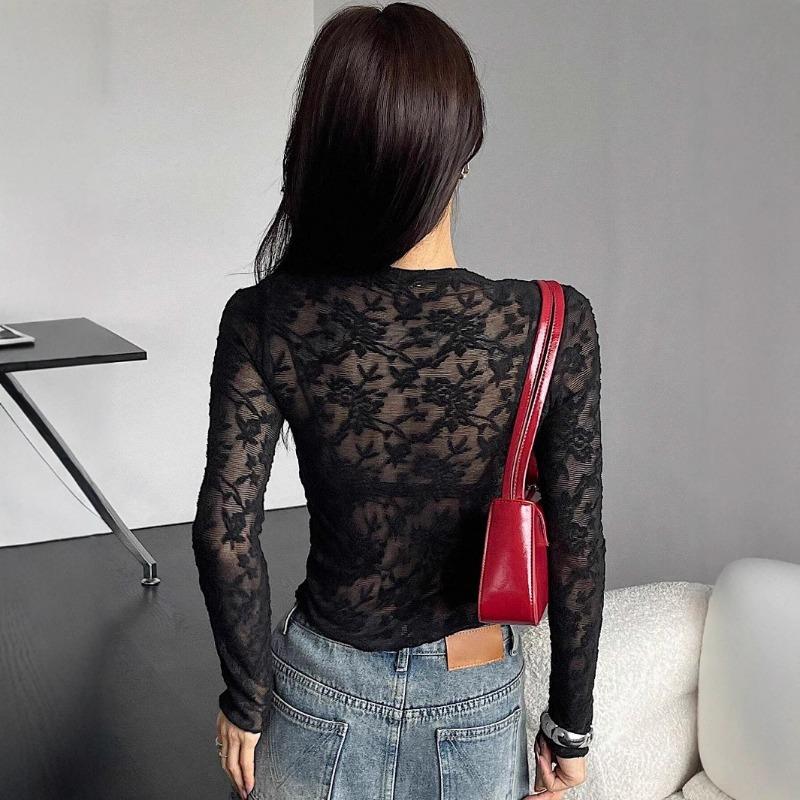 New Women's Small Stand-up Collar Transparent Lace Tight Long-sleeved T-shirt Tops for Women