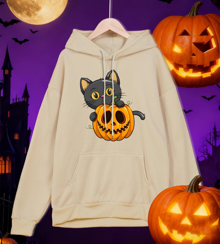 Halloween Cute Cat And Pumpkin Printing Hoodies Male Loose Pocket Pullovers Fleece Fashion Hoody Autumn Comfortable Sportswear
