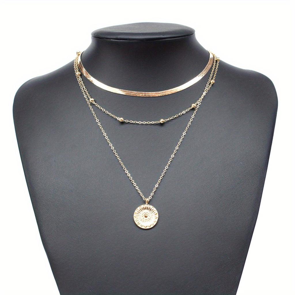 3pcs/set Elegant Monochrome Round Pendant Necklace with Layered Flat Snake Bone Chain - Vintage Clavicle Jewelry