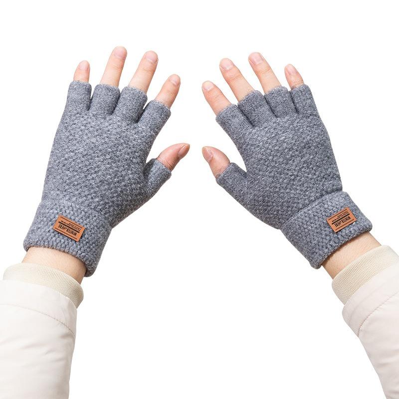 Student Gloves Men's Autumn and Winter Cold-proof and Warm Knitted Wool with Bare Fingers Half-section Riding and Driving Thickened Half-finger Gloves