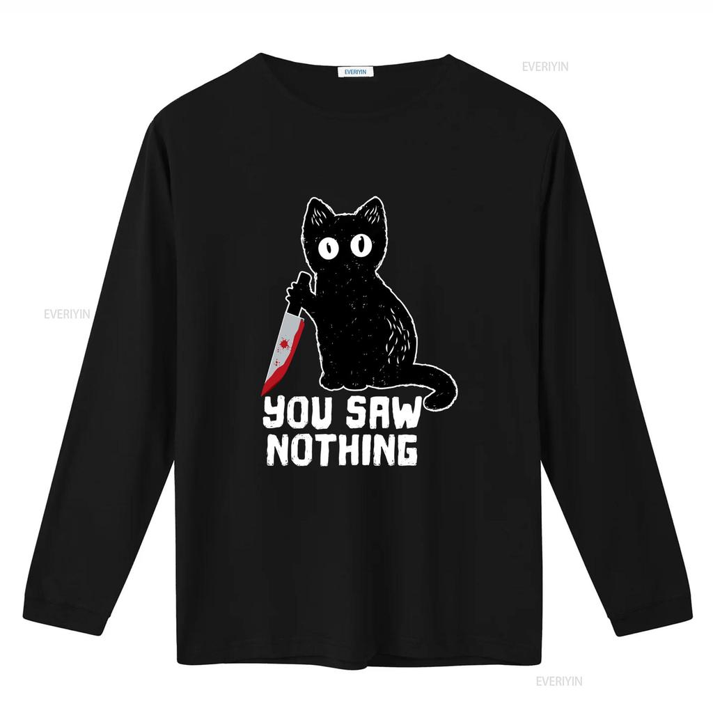 Mens Halloween Funny Cat T Shirt with Bloody Knife You Saw Nothing vintage Washed Top For Everyday Wear Comfortable graphic
