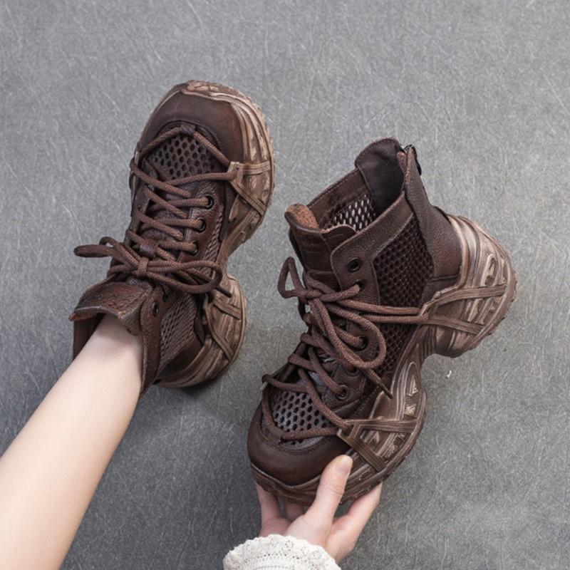 Johnature Vintage Genuine Leather Splicing Mesh Breathable Hollow-out Boots Women's Platform Shoes