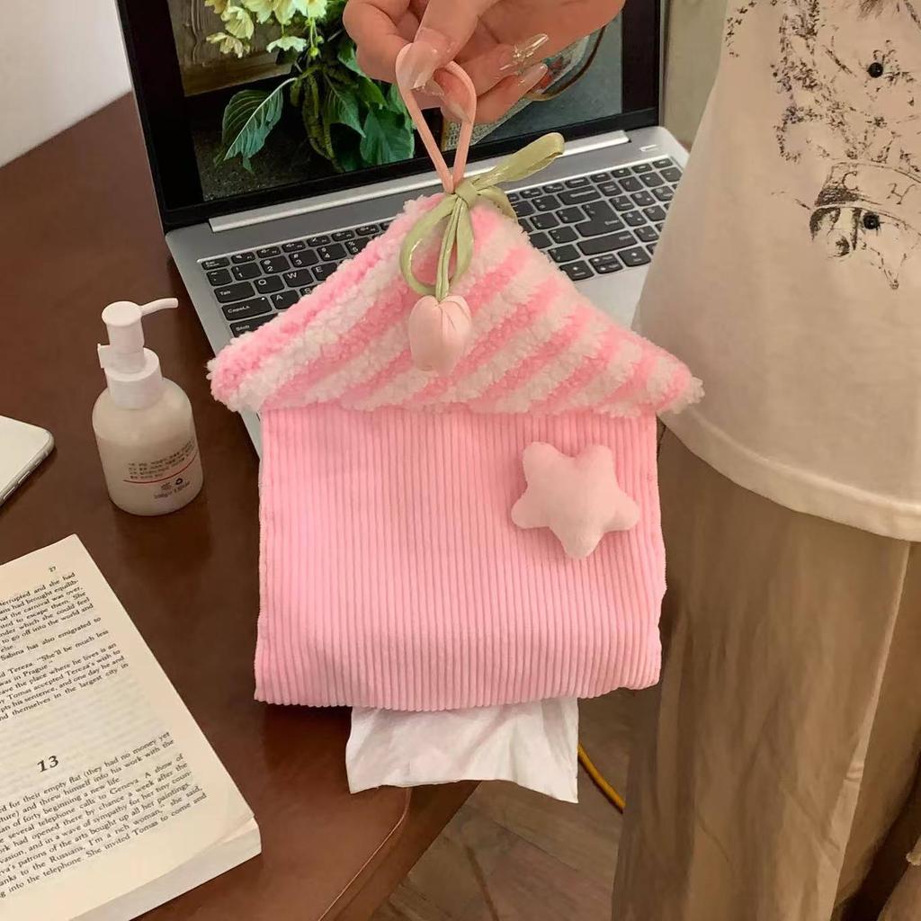 Creative Tissue Box Hanging Tissue Bag Small House Cute Fabricpaper Storage Bag Bathroom Napkin Holder Car Tissue Hanging Bag