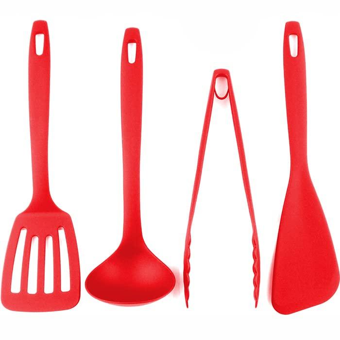 Nagao Kitchen Utensil Set and Made in Japan Tsubame-Sanjo (4 Pieces) Spatula, Ladle, Tongs, Spatula, Red,