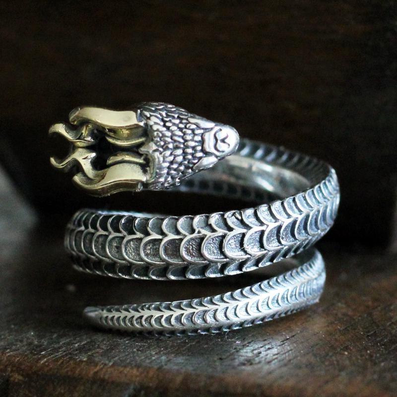 Snake Ring Male Dragon Snake Ring with Horns Live Mouth Multi-circle Ring Adjustable Retro Ethnic Style Zodiac