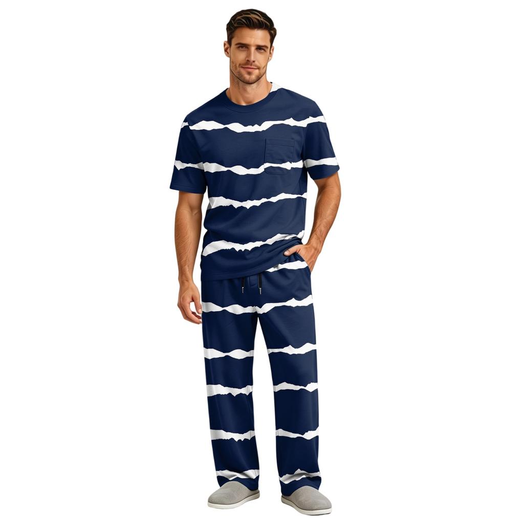 Men's Short Sleeve Pajama Set with Long Pants, Button Crotch, Elastic Waist Drawstring - Comfortable Sleepwear