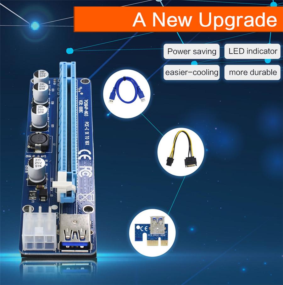 5 Sets 60CM Ver008C PCI-E Riser Card PCI-E 1X To 16X Power Cable USB 3.0 Cable