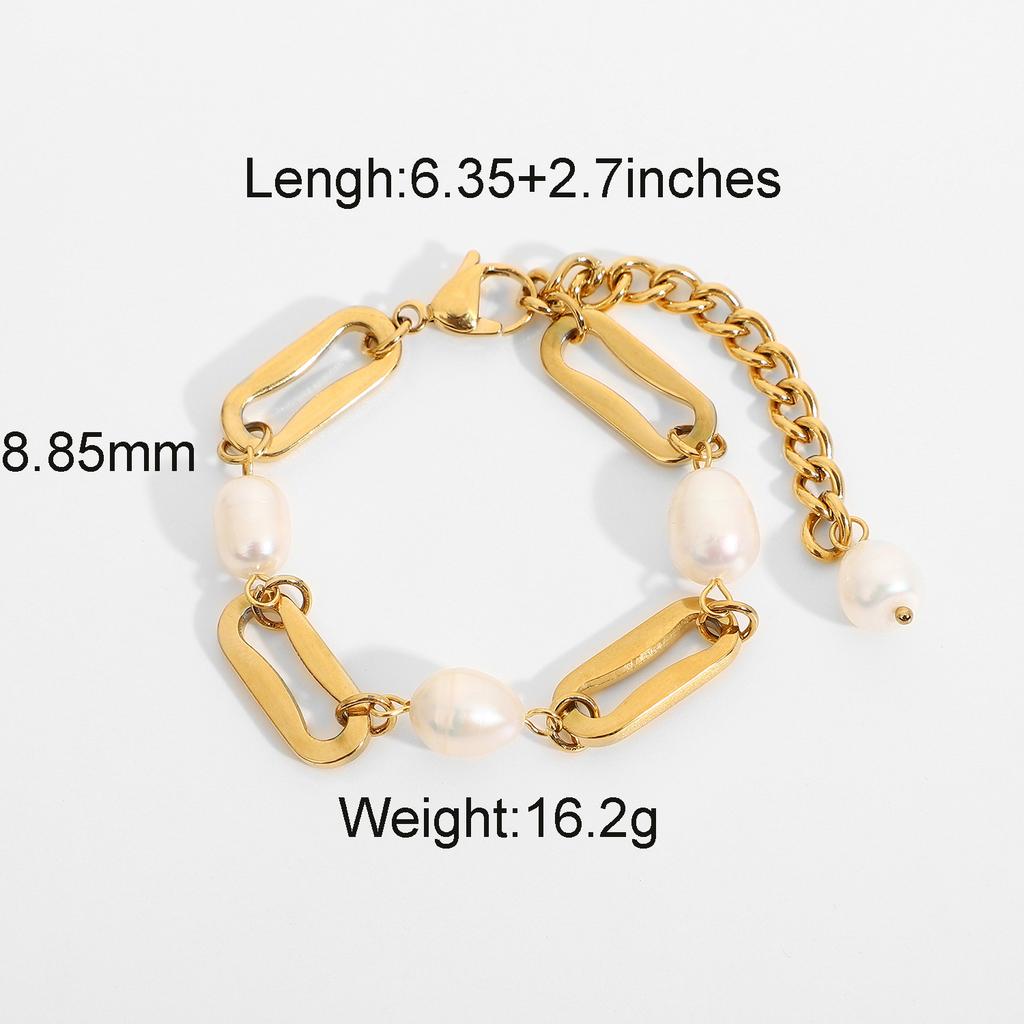 INS Internet celebrity same 18K gold-plated stainless steel baroque freshwater bracelet rectangular chain spacer pearl INS same