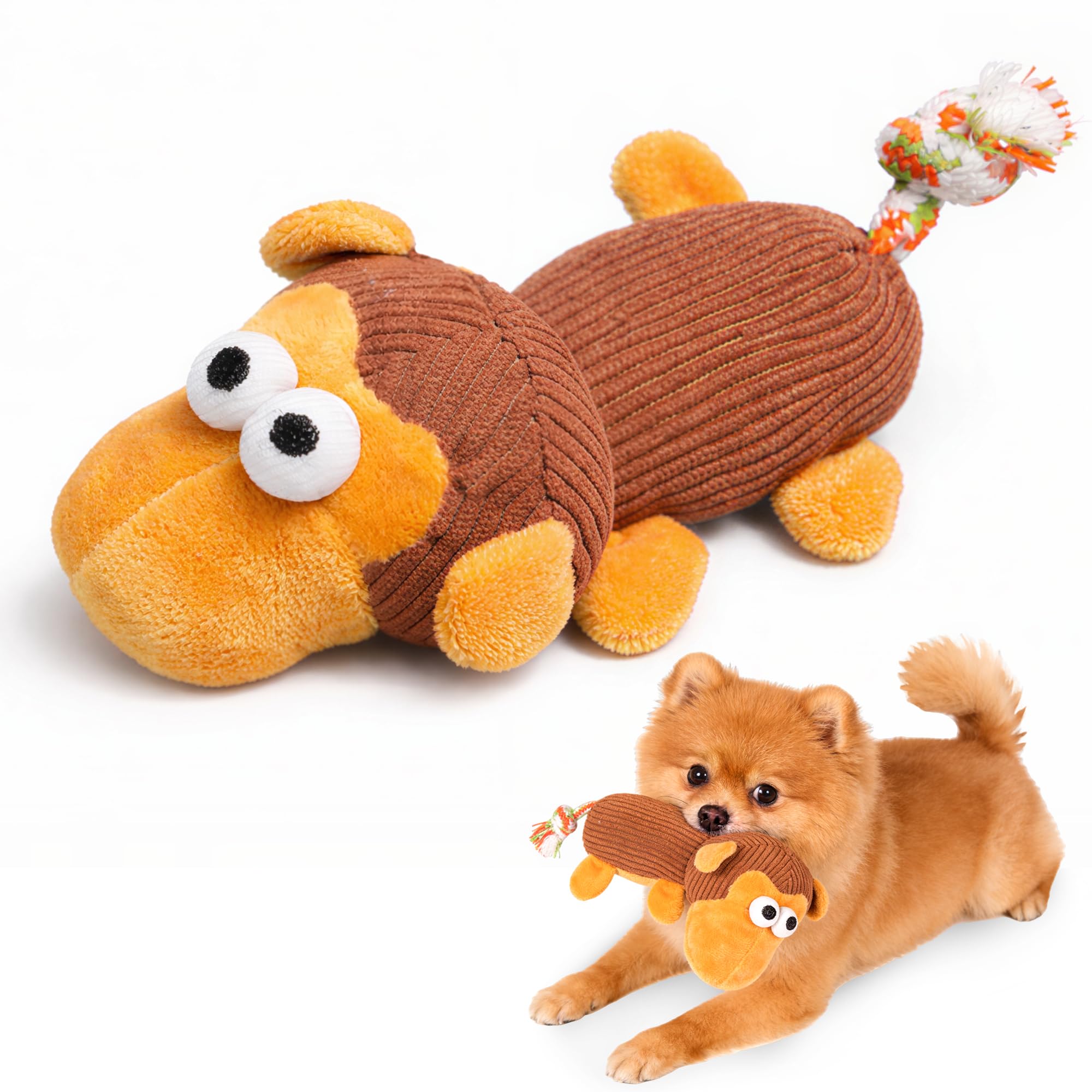 

Flyfox European Made Squeaky Plush Monkey Dog Cat Toy Safe OEKO-TEX Certified Chew Toy for Small Dogs Puppies Stress Relief Yellow Brown