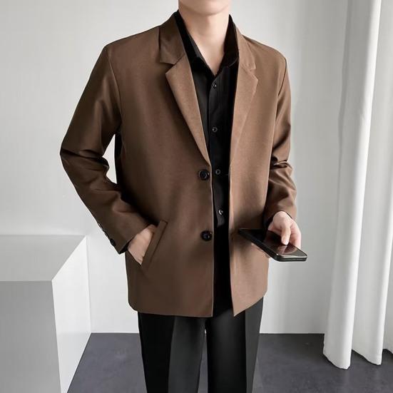 Men Blazer Solid Color Single-breasted Turndown Collar Jacket Spring Autumn Loose Suit Coat