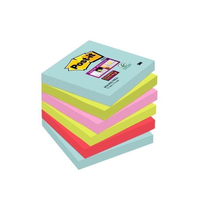 POST-IT Lot de 6 bloc-notes Super Sticky - Couleurs Miami - 76 x 76 mm