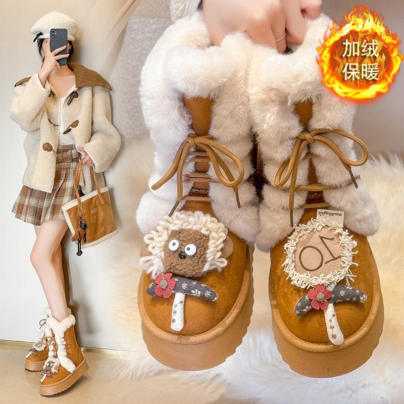 Women's Large Size Lace-up Soft Sole Winter Warm Fur Snow Boots Padded Lined Ankle Boots Anti-slip Hiking Sports Cotton Boots
