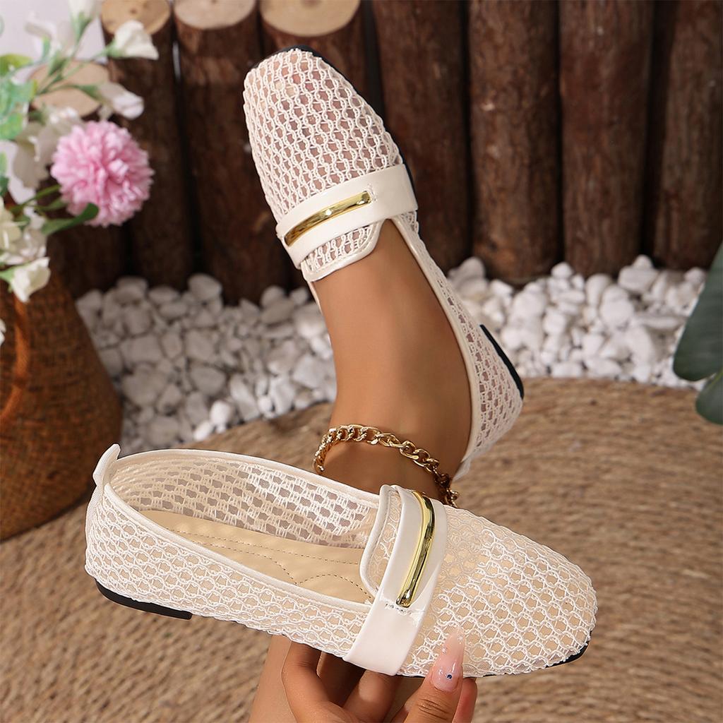 Women Mesh Hollow Out Patent Leather Round Toe Ballet Flat Casual Shoes with Metal Buckle Slip On Loafers for Daily Wear