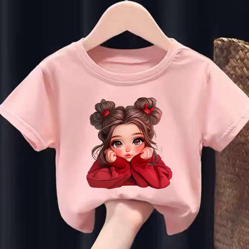 Children's Short-Sleeve T-Shirts Cute Girl Print Summer Casual Crew-Neck Kids' Wear Clothes Girl's Short-sleeved T-shirt
