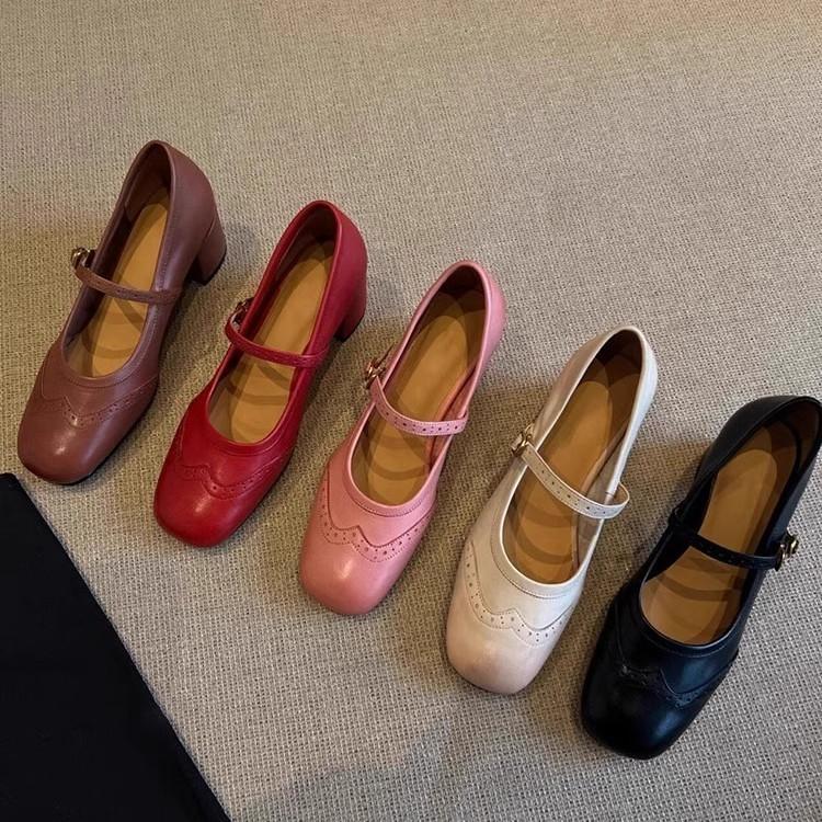 French retro red high heels women's 2025 spring new one-word with engraved thick heel light mouth ballet shoes