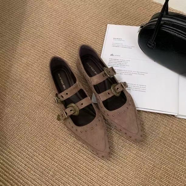 French retro pointed Mary Jane shoes women's new suede flat shoes with skirts versatile small leather shoes